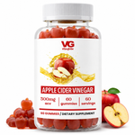 A bottle of VG Vita-Globe Apple Cider Vinegar dietary supplement gummies, shown with red apples and loose gummies on a clean white background.