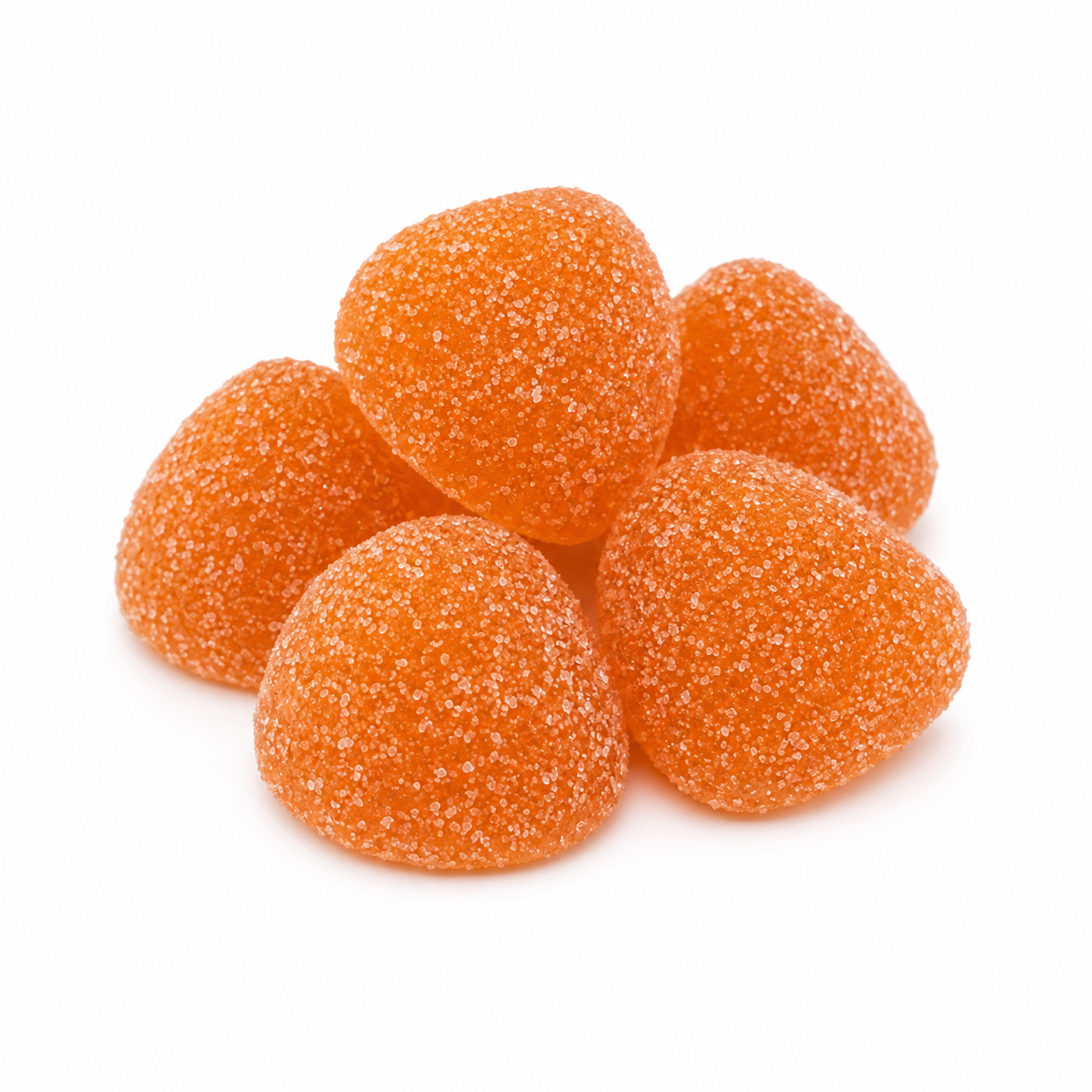 Five orange strawberry-shaped gummy candies coated in sugar, arranged in a small pile on a white background.