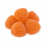 Five orange strawberry-shaped gummy candies coated in sugar, arranged in a small pile on a white background.