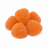 Five orange strawberry-shaped gummy candies coated in sugar, arranged in a small pile on a white background.