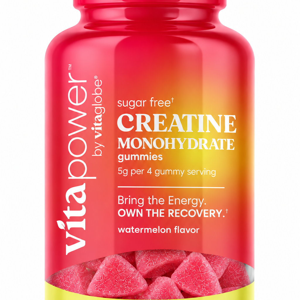 VitaPower by Vita Globe Sugar-Free Creatine Monohydrate Gummies, Watermelon flavor — 60-count bottle, 5g creatine per 4-gummy serving, with pink gummies visible in the window