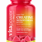 VitaPower by Vita Globe Sugar-Free Creatine Monohydrate Gummies, Watermelon flavor — 60-count bottle, 5g creatine per 4-gummy serving, with pink gummies visible in the window