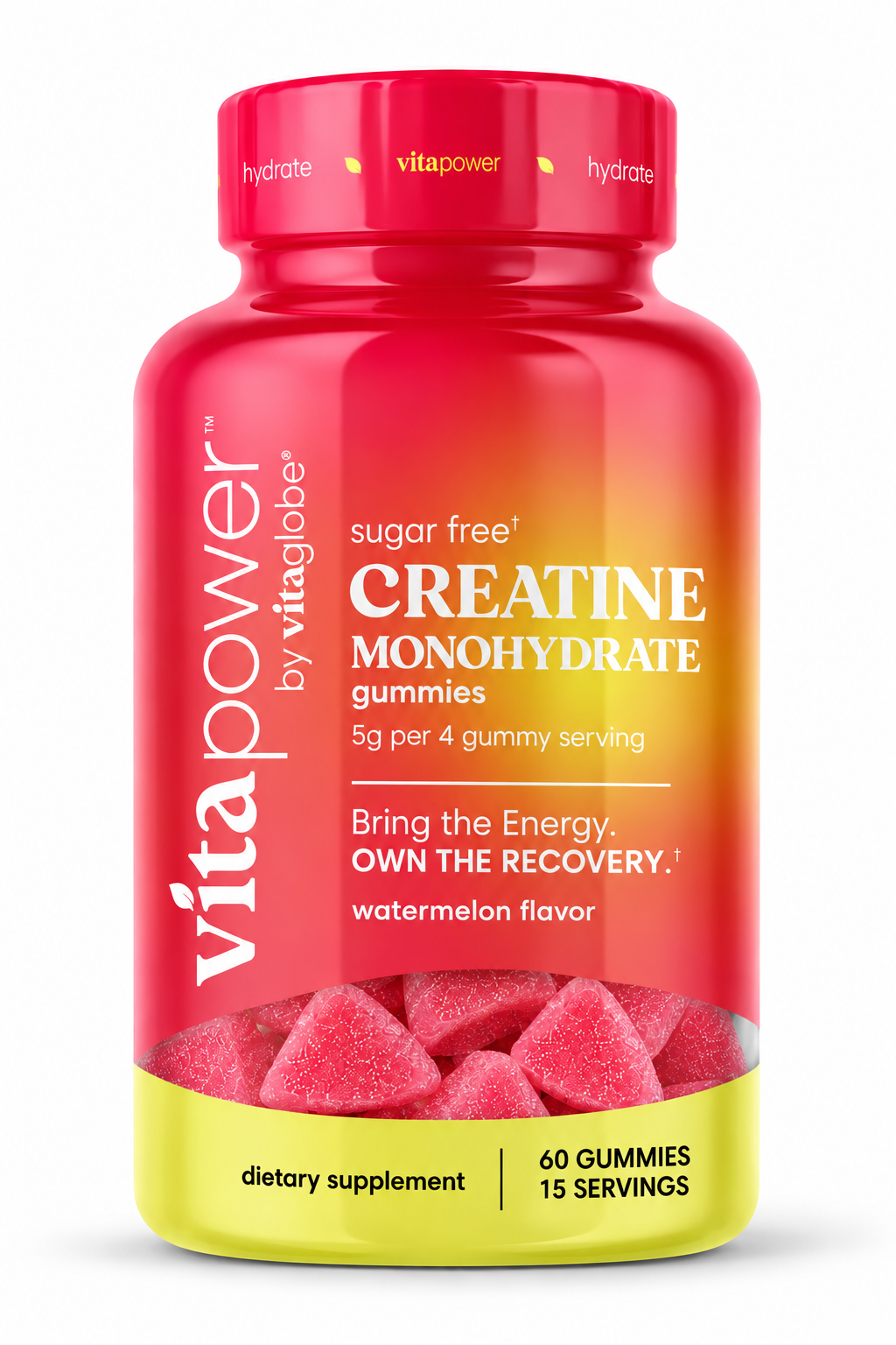 VitaPower by Vita Globe Sugar-Free Creatine Monohydrate Gummies, Watermelon flavor — 60-count bottle, 5g creatine per 4-gummy serving, with pink gummies visible in the window