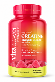 VitaPower by Vita Globe Sugar-Free Creatine Monohydrate Gummies, Watermelon flavor — 60-count bottle, 5g creatine per 4-gummy serving, with pink gummies visible in the window