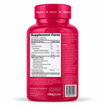 Back of Vita Globe Her PMS Gummies bottle showing Supplement Facts: 20mg Vitamin B6, 111mg PMS Support Blend with Chasteberry, Cranberry and Dong Quai, and black pepper extract