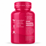 Side of Vita Globe Her PMS Gummies bottle: your monthly sidekick, formulated with Vitamin B6, Chasteberry, Cranberry and Angelica Root; vegan, non-GMO, gluten-free