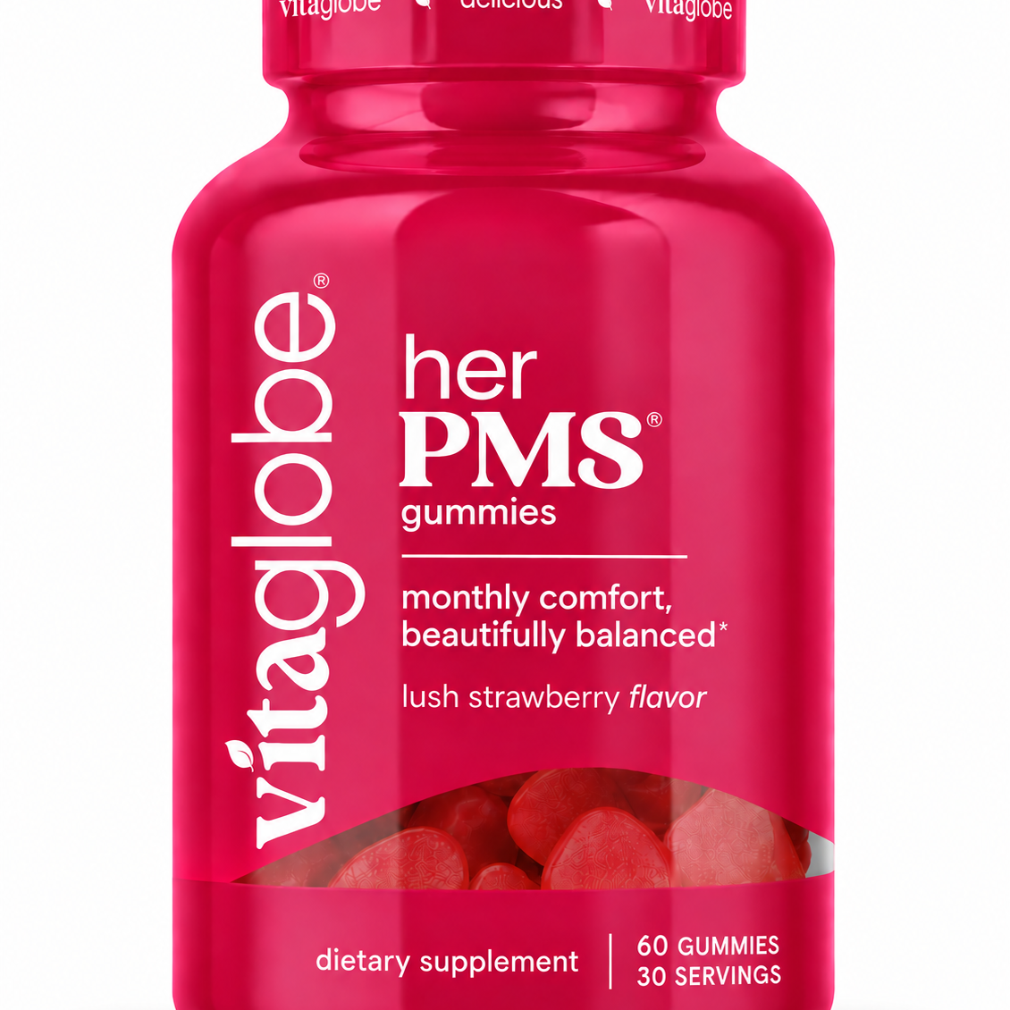Vita Globe Her PMS Gummies, 60 strawberry-flavored PMS support gummies with vitamin B6 and chasteberry