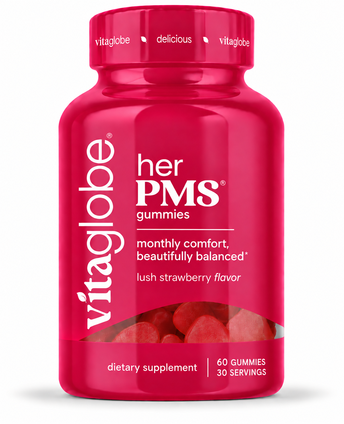 Vita Globe Her PMS Gummies, 60 strawberry-flavored PMS support gummies with vitamin B6 and chasteberry