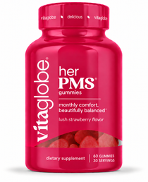 Vita Globe Her PMS Gummies, 60 strawberry-flavored PMS support gummies with vitamin B6 and chasteberry