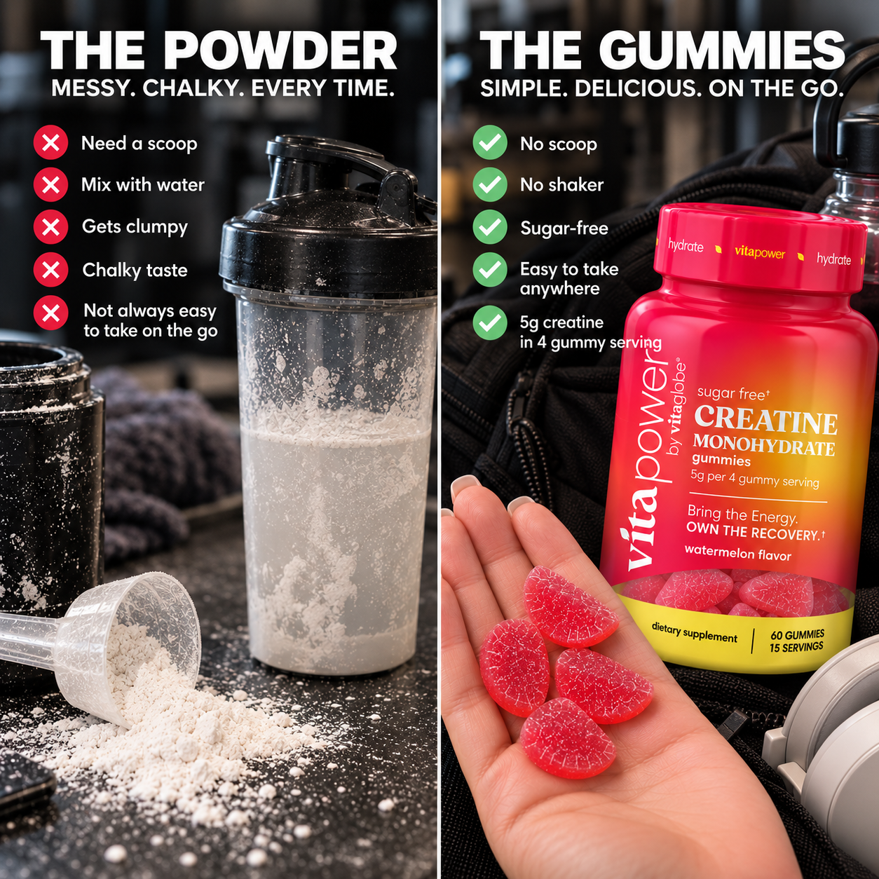 Side-by-side comparison: messy creatine powder with a scoop and shaker bottle versus VitaPower Sugar-Free Creatine Gummies in Watermelon flavor, with 4 wedge-shaped gummies in a hand for 5g of creatine