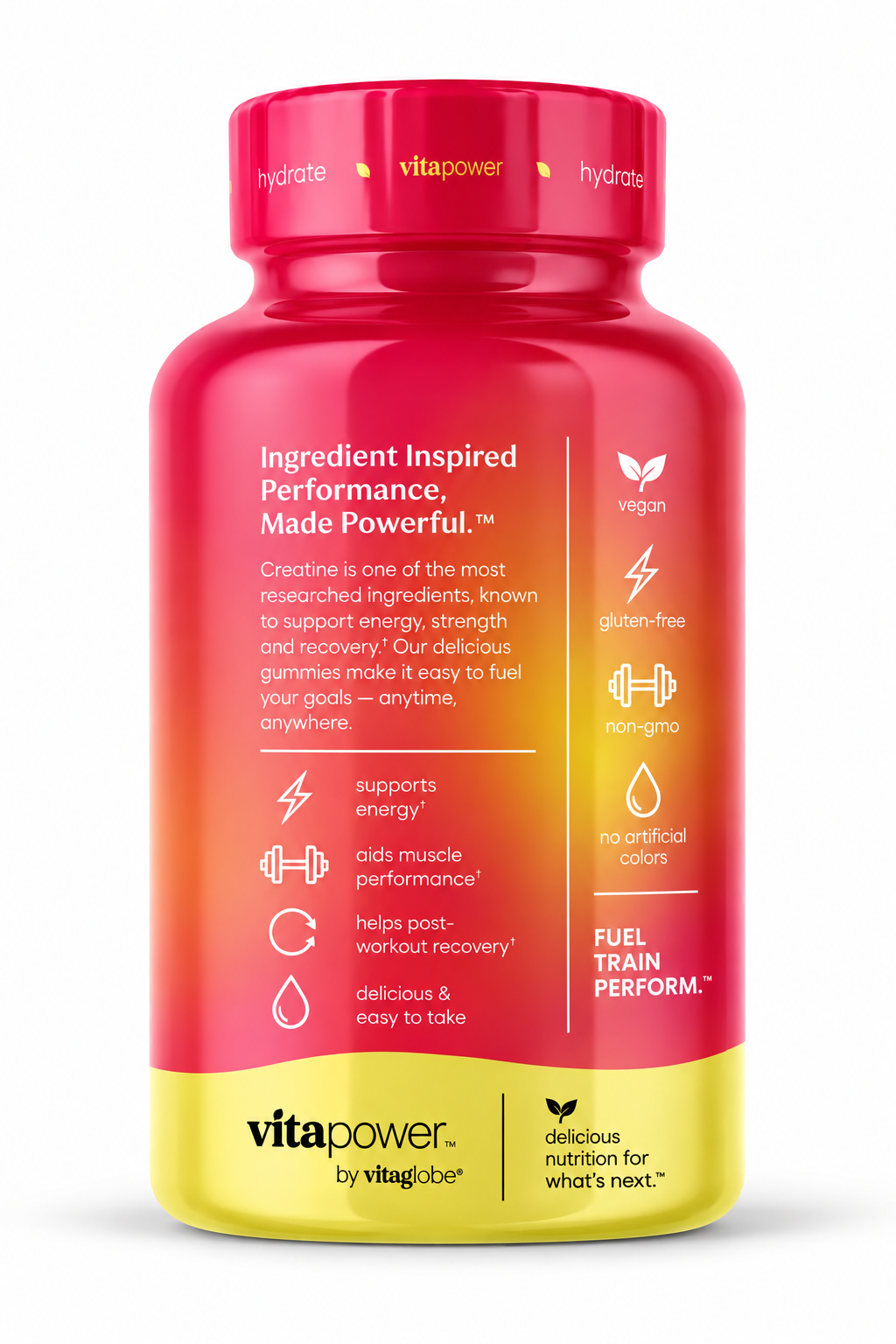 Side panel of the VitaPower Sugar-Free Creatine Gummies bottle: supports energy, muscle performance and post-workout recovery — Fuel. Train. Perform.