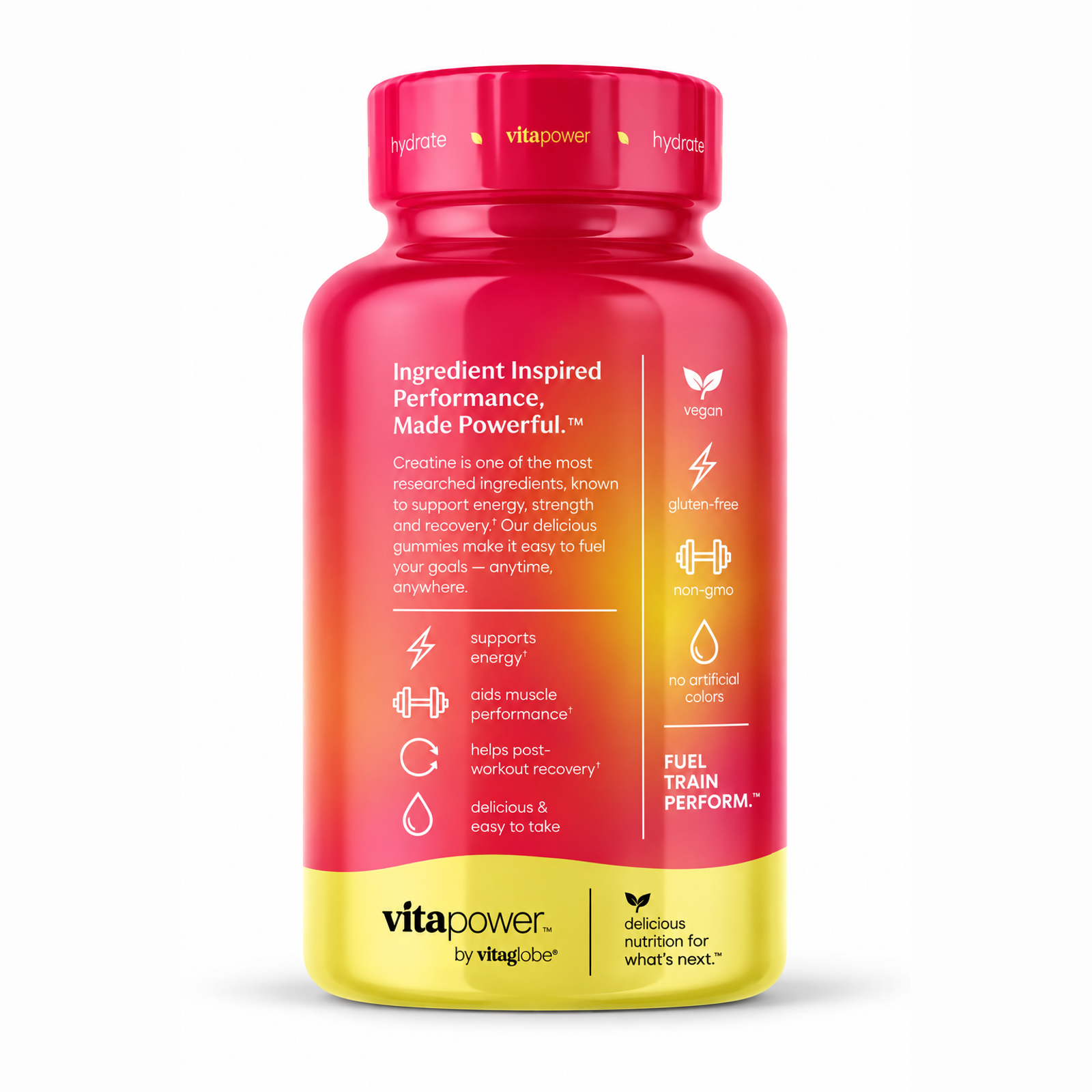 Side panel of the VitaPower Sugar-Free Creatine Gummies bottle: supports energy, muscle performance and post-workout recovery — Fuel. Train. Perform.