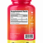 Back of the VitaPower Sugar-Free Creatine Gummies bottle showing the Supplement Facts panel with vegan, gluten-free, non-GMO and no artificial colors icons