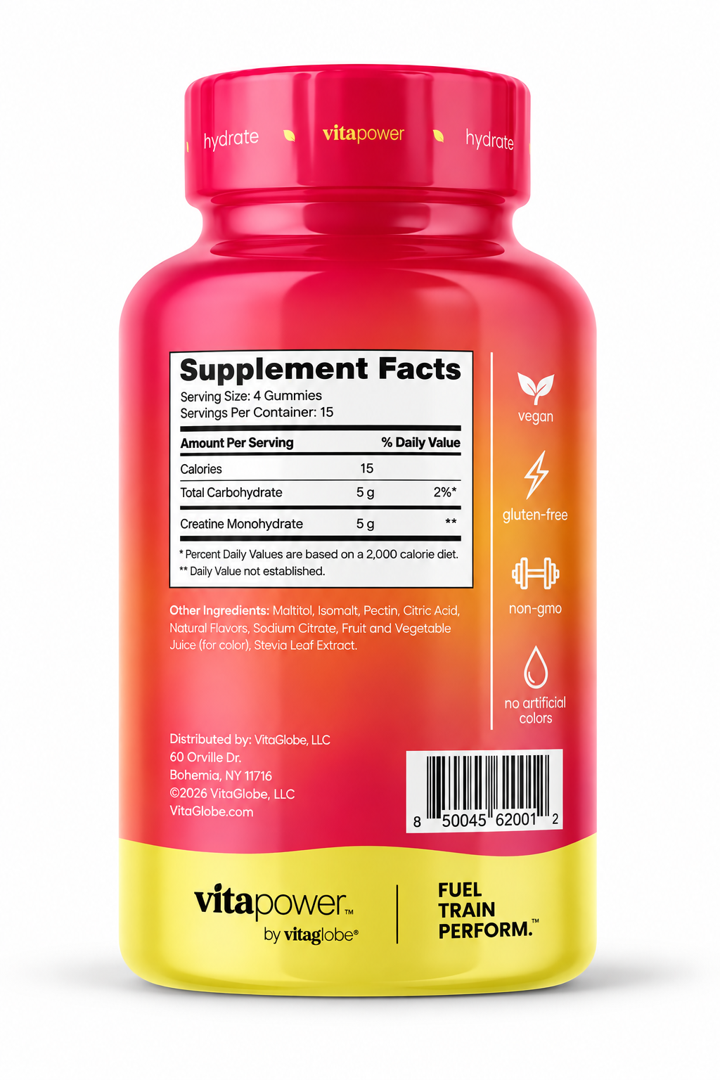 Back of the VitaPower Sugar-Free Creatine Gummies bottle showing the Supplement Facts panel with vegan, gluten-free, non-GMO and no artificial colors icons