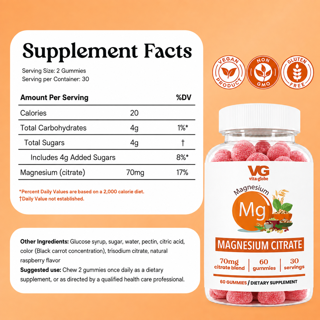 A bottle of VG Vita Globe Magnesium Citrate gummies shown next to a Supplement Facts label on an orange background. The bottle contains pink gummies and features a white label with orange and green accents.