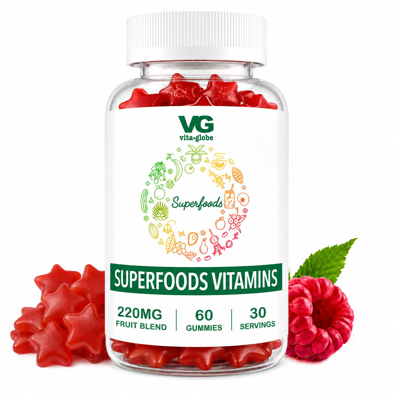 A clear plastic bottle of VG Vita Globe Superfoods Vitamins gummies with a white cap and white label, surrounded by red star-shaped gummies, a raspberry, and a green leaf on a white background.