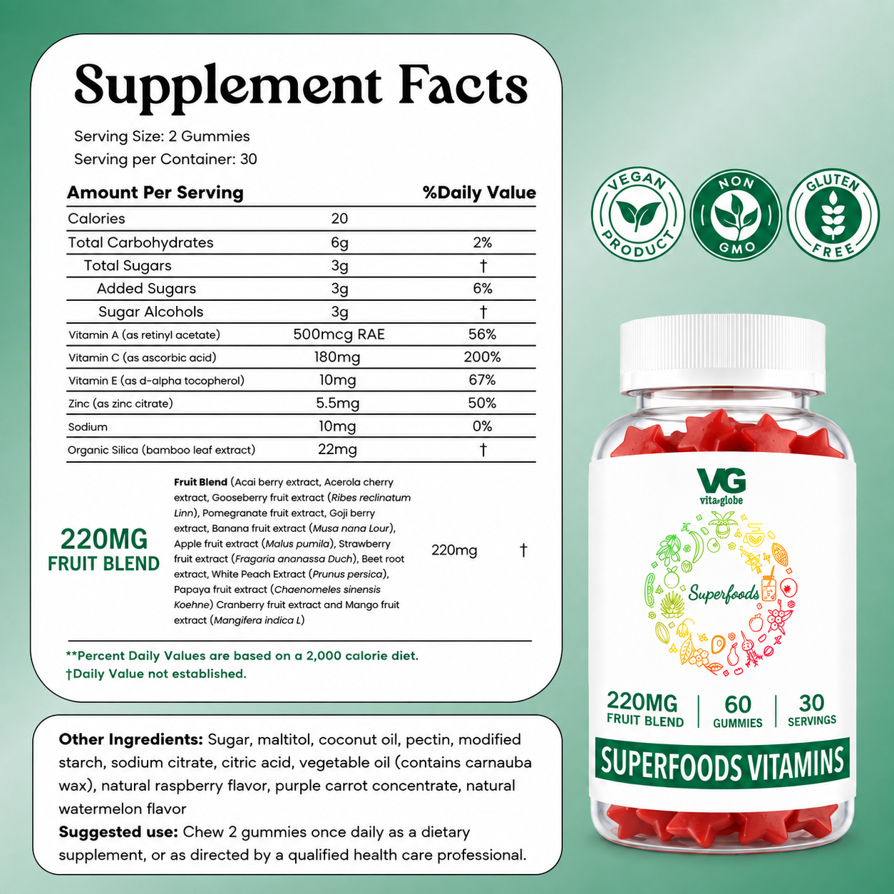A product information graphic for VG Superfoods Vitamins Gummies. The left side features a white background with supplement facts, serving suggestions, and a green 'Vegan' and 'Gluten Free' seal.