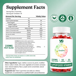 A product information graphic for VG Superfoods Vitamins Gummies. The left side features a white background with supplement facts, serving suggestions, and a green 'Vegan' and 'Gluten Free' seal.