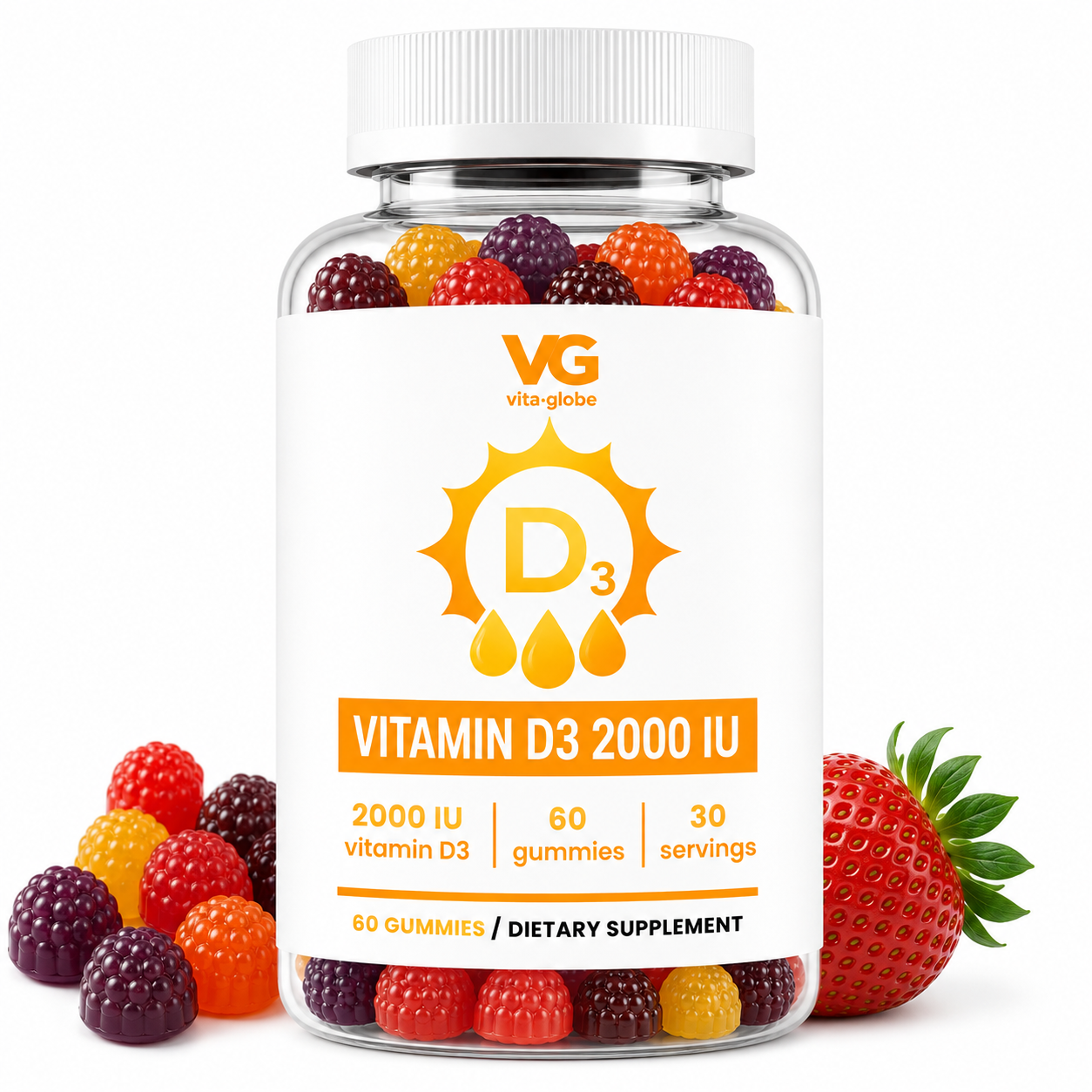 A clear plastic bottle of Vita-globe Vitamin D3 2000 IU dietary supplement gummies, shown with a white cap and white label featuring orange and yellow graphics. The bottle is surrounded by assorted colorful gummy candies and fresh strawberries on a clean white background.