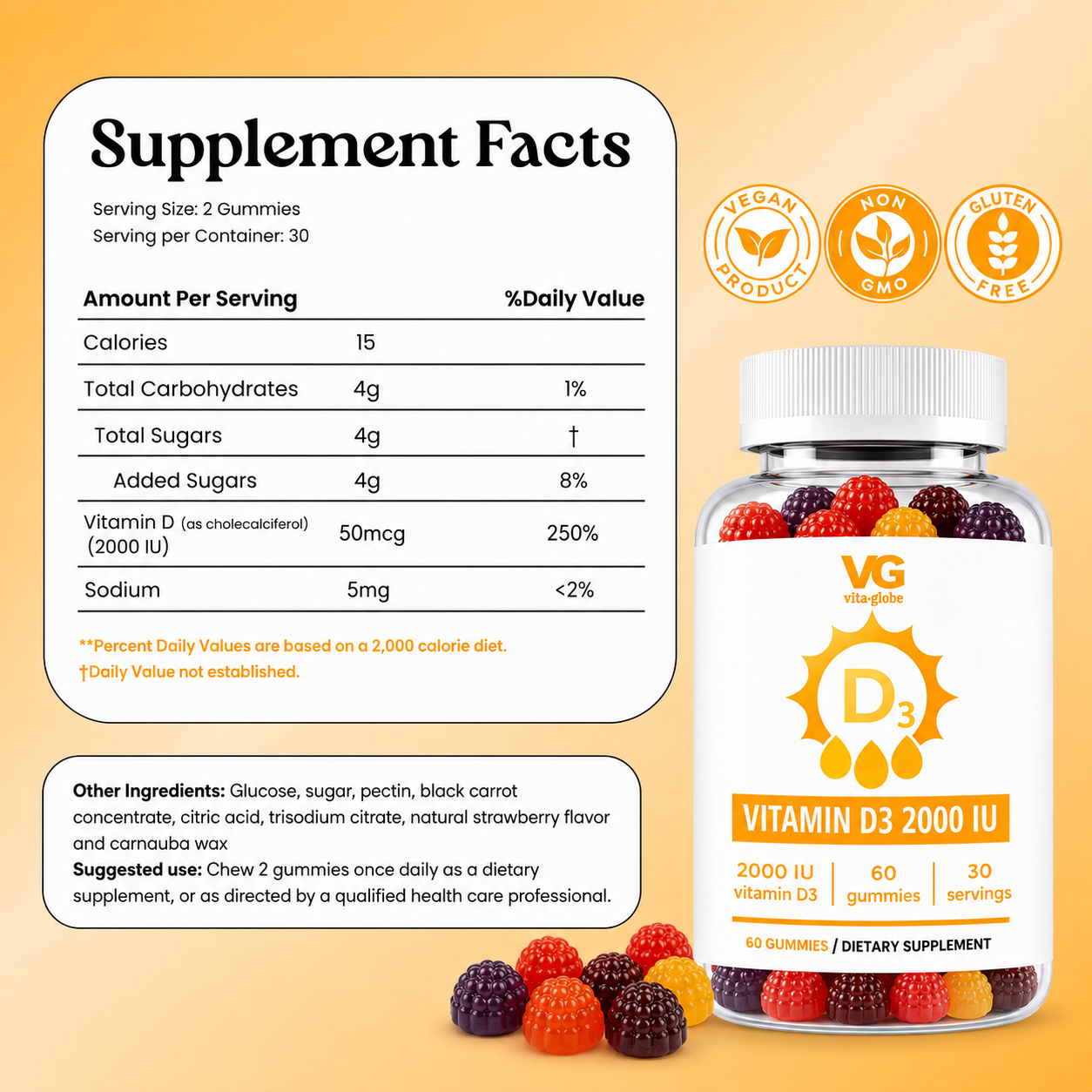 A bottle of VG VitaGlobe Vitamin D3 2000 IU dietary supplement gummies shown next to a supplement facts label on a light beige background. The bottle is white with a yellow sun logo and multicolored gummies are visible through the clear lower section.