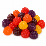 A pile of jelly bean candies shaped like blackberries in assorted colors, including red, orange, yellow, purple, and dark purple, on a white background.