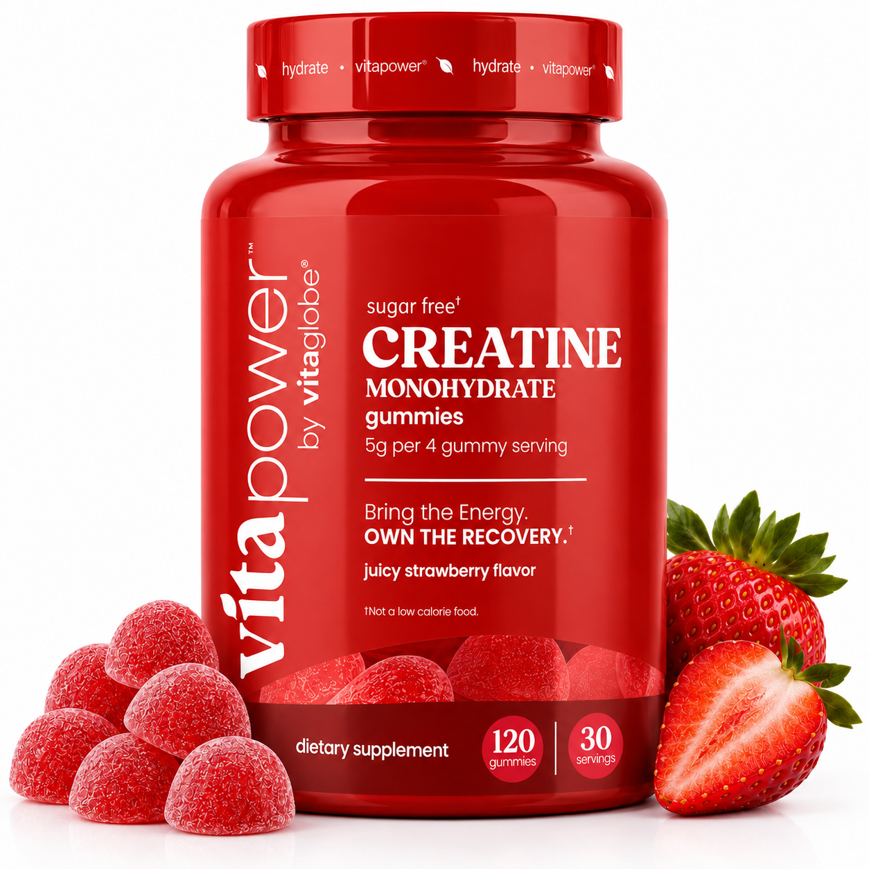 A red bottle of vitaGlobe Creatine Monohydrate gummies, strawberry flavor, shown with fresh strawberries and gummy candies on a white background.