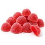 A pile of red, dome-shaped gummy candies coated in sugar, with one candy broken in half to show the glossy red interior, set against a plain white background.