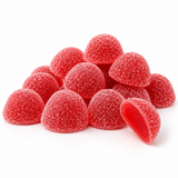 A pile of red, dome-shaped gummy candies coated in sugar, with one candy broken in half to show the glossy red interior, set against a plain white background.
