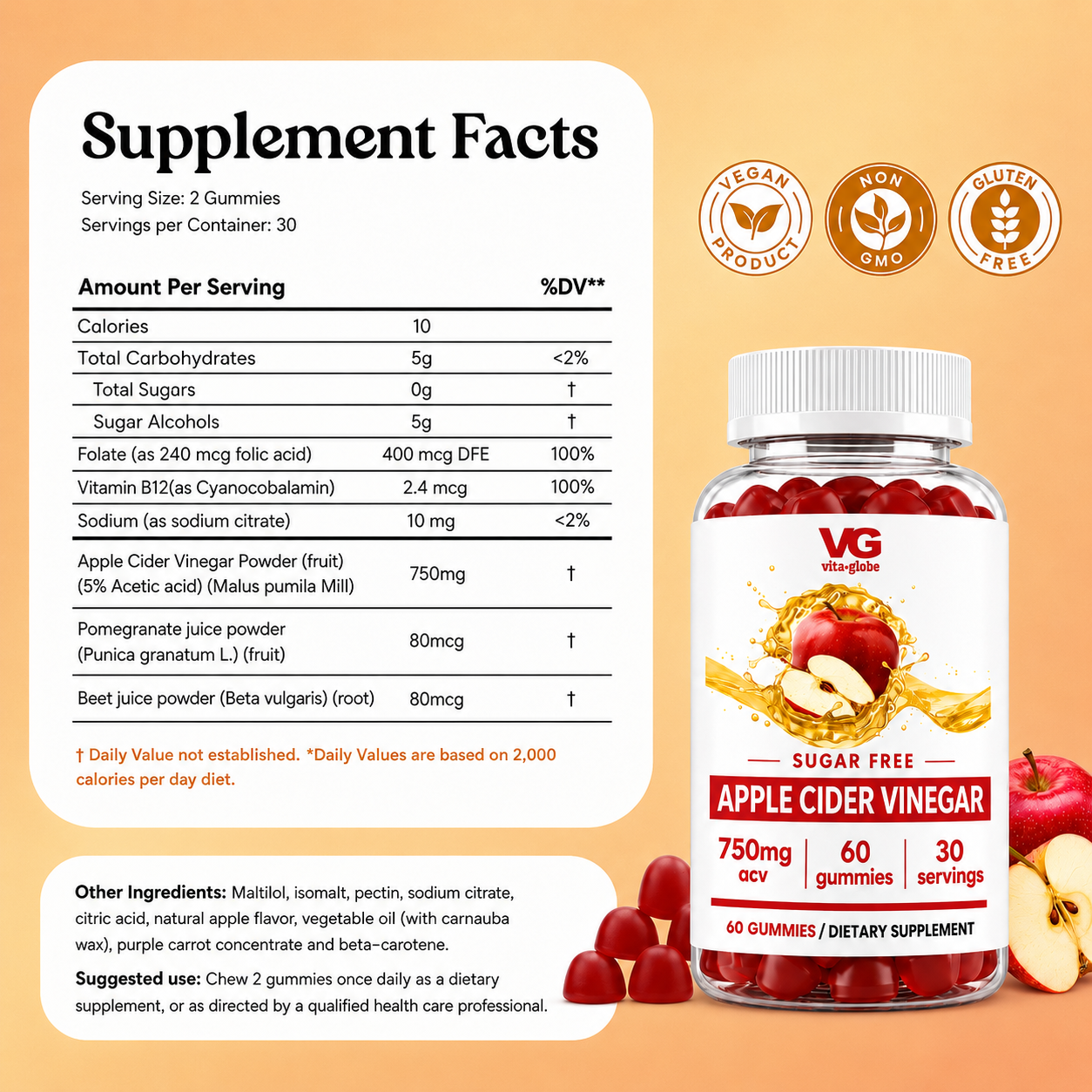 A supplement facts label and a bottle of VG Wellness Sugar Free Apple Cider Vinegar Gummies on a white background, with apple illustrations and text indicating 60 gummies, 30 servings, and supplement details.
