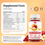 A supplement facts label and a bottle of VG Wellness Sugar Free Apple Cider Vinegar Gummies on a white background, with apple illustrations and text indicating 60 gummies, 30 servings, and supplement details.