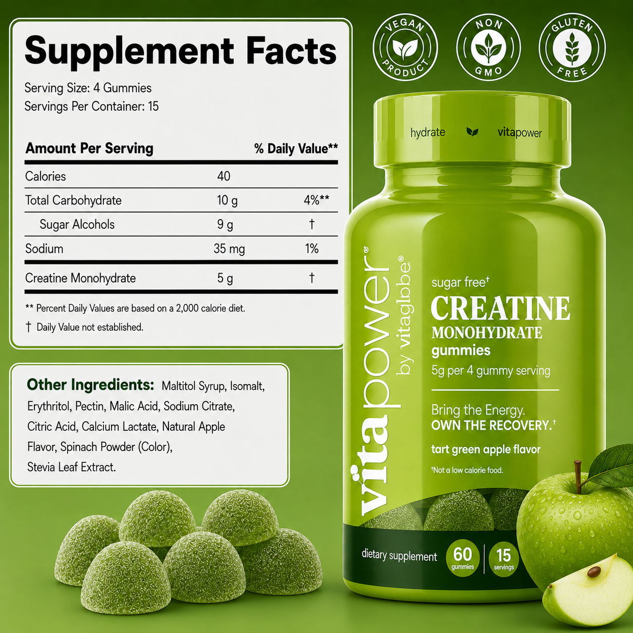 A bottle of vita globe Creatine Monohydrate gummies alongside several green apple slices and a white supplement facts panel on a green background.