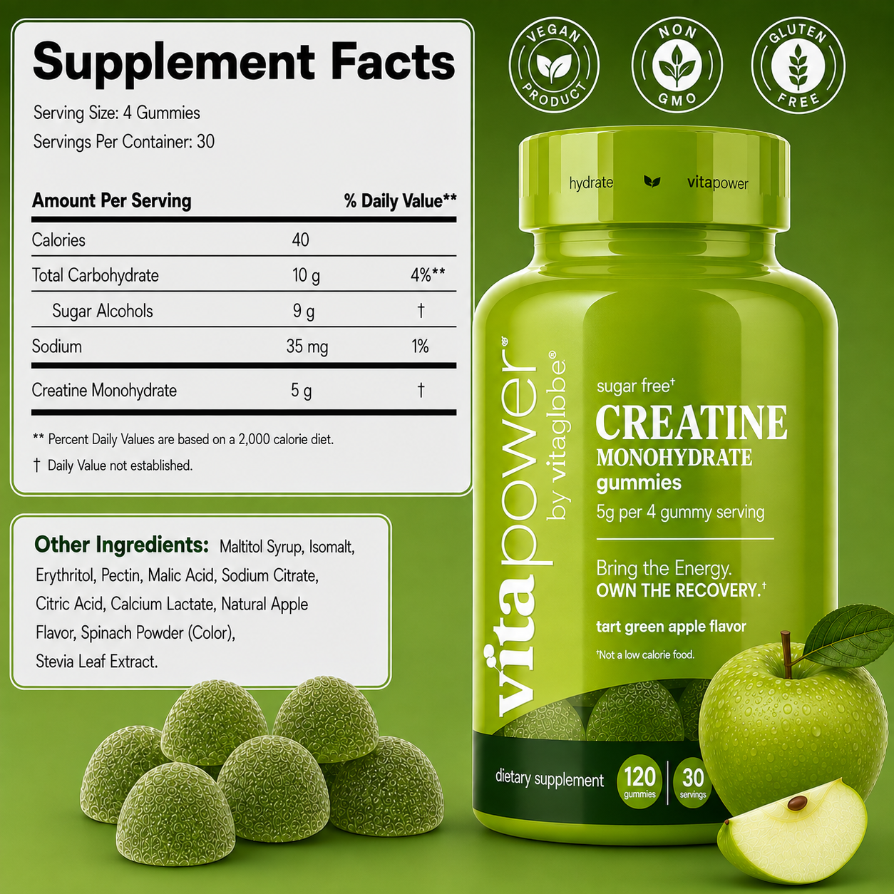 Vita power Creatine Monohydrate gummies bottle and supplement facts panel on a green background, with whole and sliced green apples shown at the bottom.