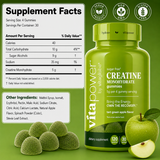Vita power Creatine Monohydrate gummies bottle and supplement facts panel on a green background, with whole and sliced green apples shown at the bottom.