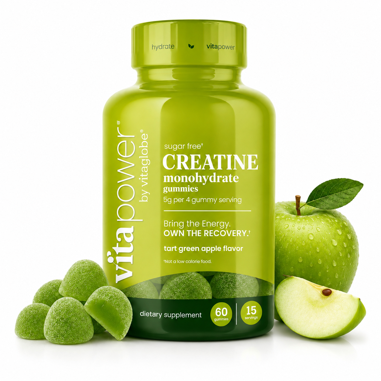 A bottle of Vita Power Creatine Monohydrate gummies in tart green apple flavor, shown with whole and sliced green apples on a clean white background.