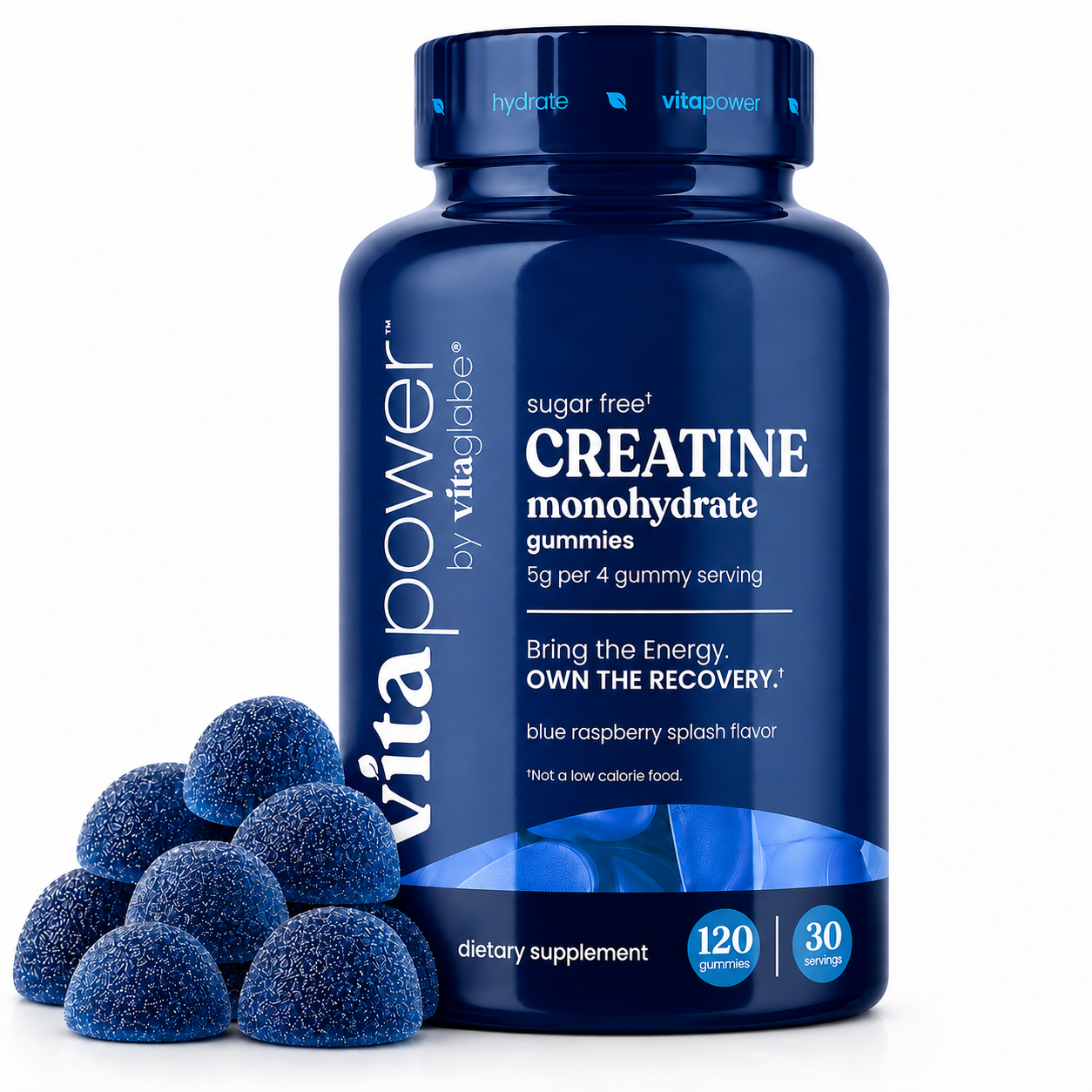 A bottle of VitaPower by Vitaglide creatine monohydrate gummies with several blue raspberry-flavored gummies displayed in front on a clean white background.
