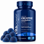 A bottle of VitaPower by Vitaglide creatine monohydrate gummies with several blue raspberry-flavored gummies displayed in front on a clean white background.