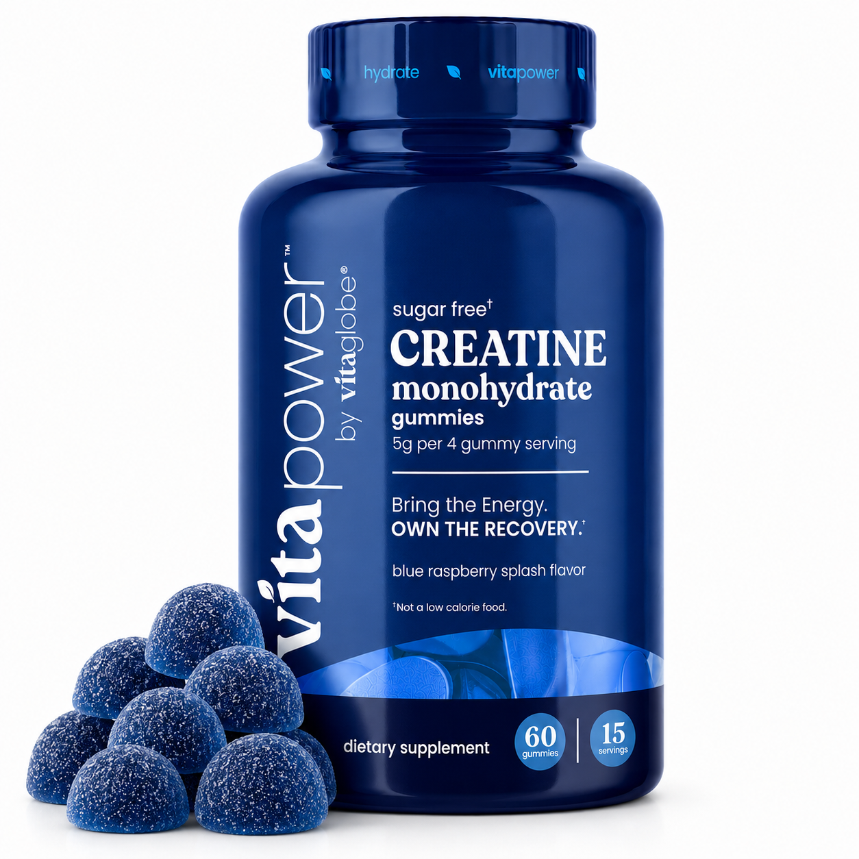 A bottle of VitaPower Creatine Monohydrate gummies with several blueberry-flavored gummies displayed in front on a clean white background.