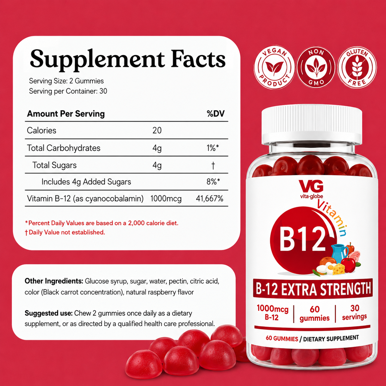 A bottle of VG Vita Globe B12 Extra Strength dietary supplement gummies shown on a red background with a Supplement Facts panel, ingredient list, and icons indicating vegan, non-GMO, and gluten free.