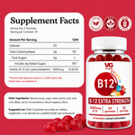 A bottle of VG Vita Globe B12 Extra Strength dietary supplement gummies shown on a red background with a Supplement Facts panel, ingredient list, and icons indicating vegan, non-GMO, and gluten free.