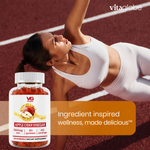 Vita Globe Apple Cider Vinegar dietary supplement bottle shown in front of a woman exercising on a running track, with text reading 'Ingredient inspired wellness, made delicious' and the Vita globe logo.