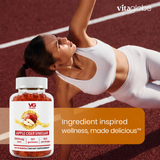 Vita Globe Apple Cider Vinegar dietary supplement bottle shown in front of a woman exercising on a running track, with text reading 'Ingredient inspired wellness, made delicious' and the Vita globe logo.