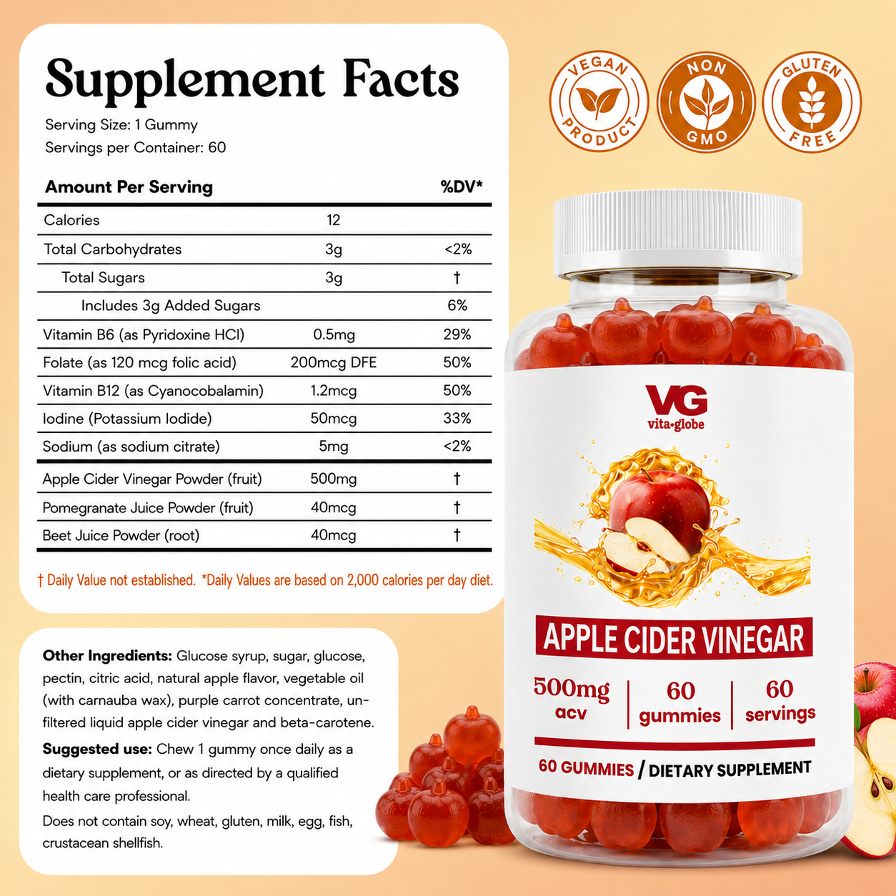 A bottle of VG Vita Globe Apple Cider Vinegar gummies with a white cap and a white label featuring red apple graphics, shown next to a Supplement Facts panel and product icons on a warm beige background.