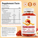 A bottle of VG Vita Globe Apple Cider Vinegar gummies with a white cap and a white label featuring red apple graphics, shown next to a Supplement Facts panel and product icons on a warm beige background.