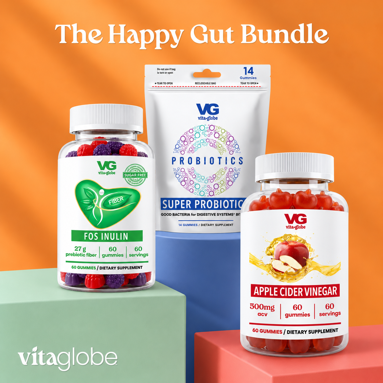 Three Vita globe dietary supplement products arranged on colored blocks against an orange gradient background, with the text 'The Happy Gut Bundle' at the top. The products include a white bottle of Fos Inulin gummies, a white bag of Super Probiotics, and a white bottle of Apple Cider Vinegar gummies.