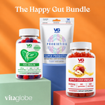 Three Vita globe dietary supplement products arranged on colored blocks against an orange gradient background, with the text 'The Happy Gut Bundle' at the top. The products include a white bottle of Fos Inulin gummies, a white bag of Super Probiotics, and a white bottle of Apple Cider Vinegar gummies.