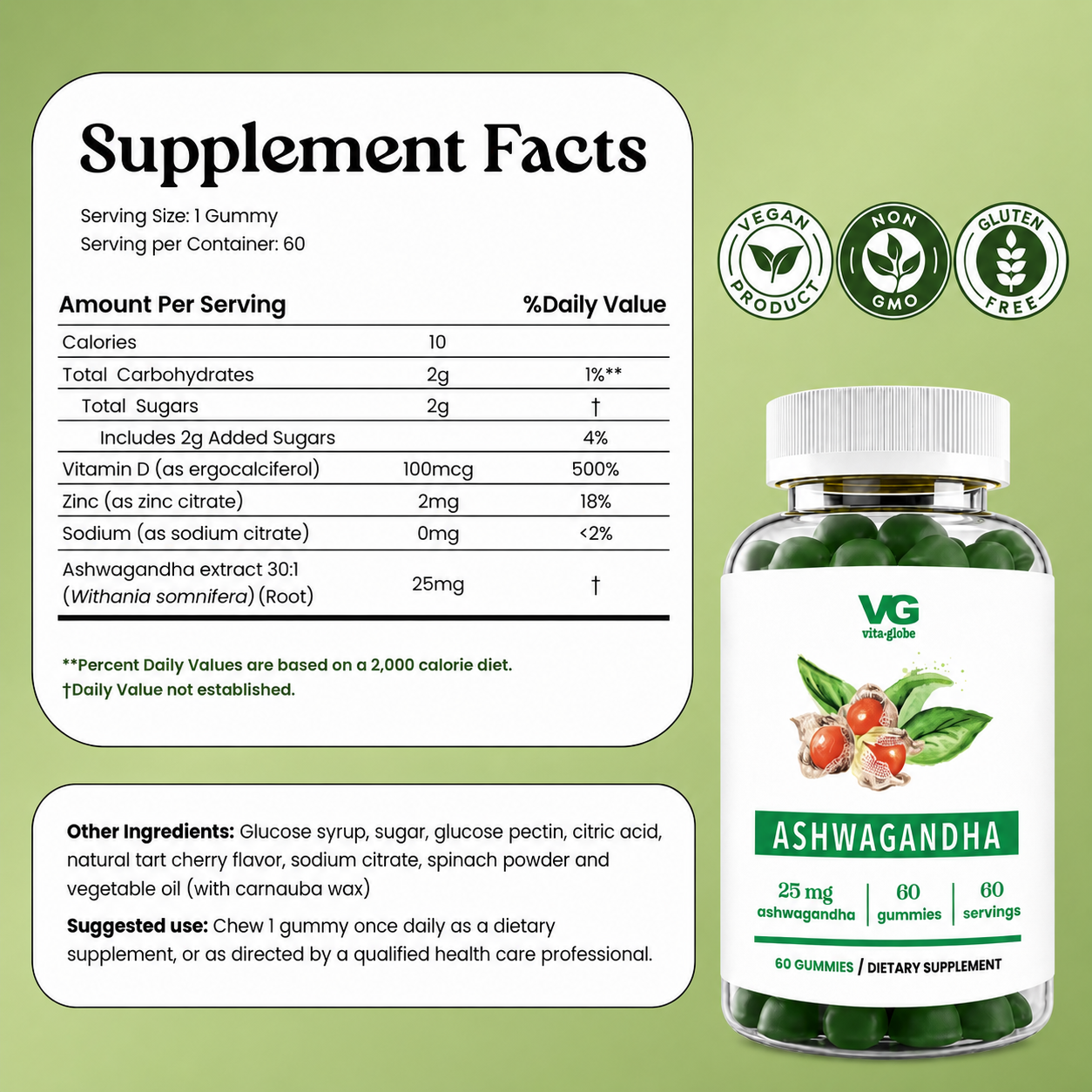 VG Vita Globe Ashwagandha dietary supplement bottle shown next to a white Supplement Facts label on a light green background. The bottle is dark green with a white cap and features a label with green and white text, red berries, and illustrations of green leaves.