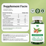VG Vita Globe Ashwagandha dietary supplement bottle shown next to a white Supplement Facts label on a light green background. The bottle is dark green with a white cap and features a label with green and white text, red berries, and illustrations of green leaves.