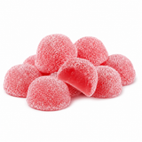 A pile of round, sugar-coated gummy candies in a translucent pink-red color, with one candy broken open to show the soft interior, on a clean white background.