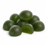 A pile of green, textured, round gelatin candies, with one candy cut in half to show the translucent green filling, set against a plain white background.