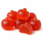 Red gummy candies shaped like small pumpkins, with one candy broken in half to show the textured gummy interior, on a white background.